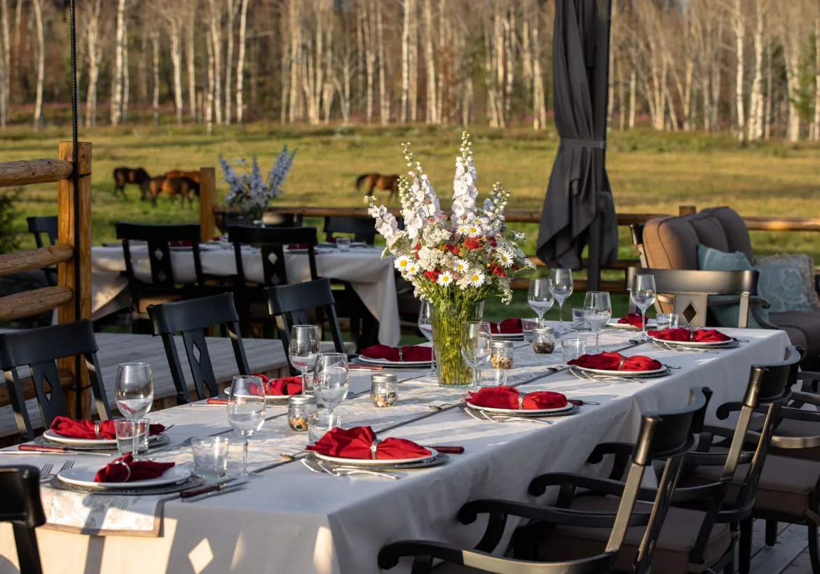 Private open air dining on the sundeck at Siwash Lake