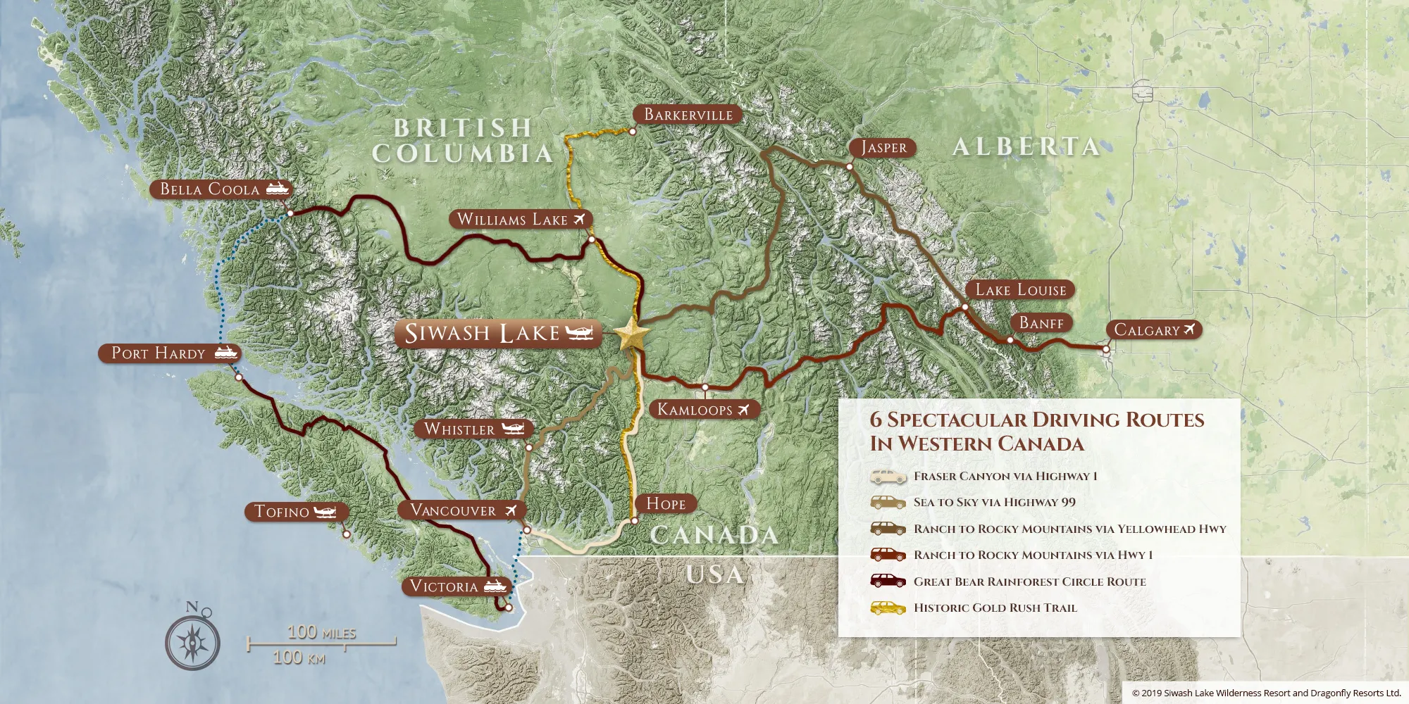Highways map for Siwash Lake - located halfway between Banff and Jasper in the Rocky Mountains and Vancouver on the pacific coast of British Columbia
