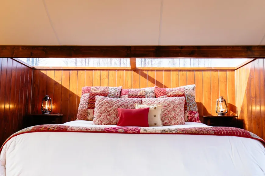 Custom sky lights in our dreamy Star Gazer Luxury Tents allow for night sky watching from the comforts of a king bed