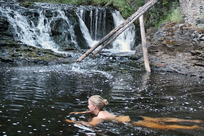 Swim under the waterfalls or take a plunge into the lightly mineralized waters of Siwash Lake 