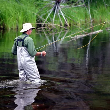 A man casts for trout while fly fishing on a wilderness river